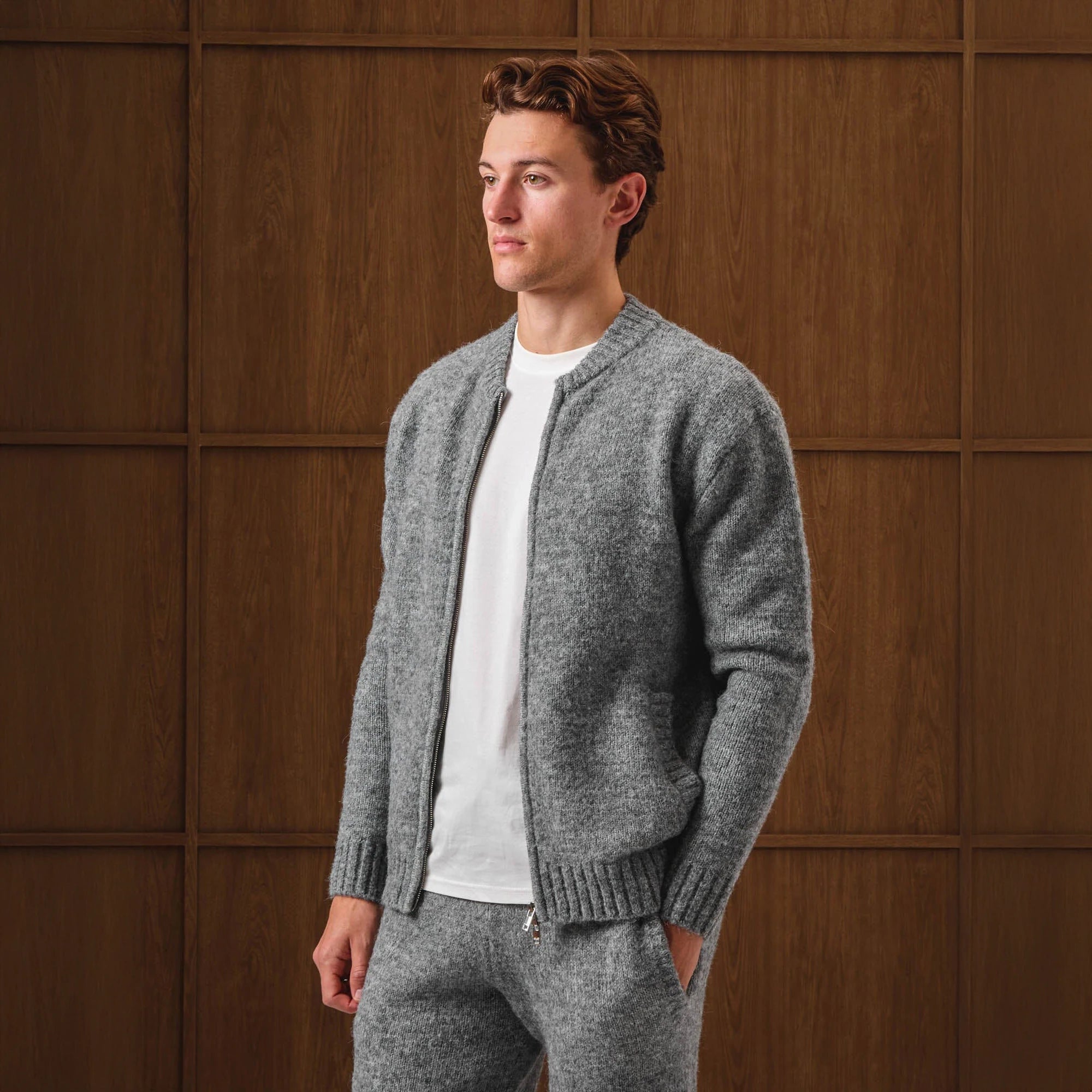 Front Side View of Belier Knitted Bomber Grey Jacket BM767GRY